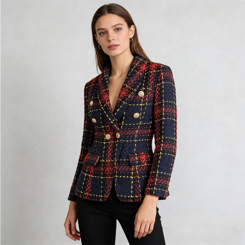 Ready Stock Plaid Blazer for Women, Suitable for Commuting in Autumn and Winter, Slim Fit, Vintage Woolen Small Suit, Plaid Blazer for Women