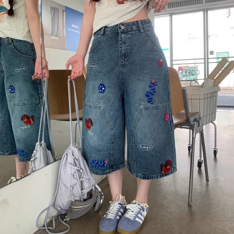 Wide-Leg Cropped Jeans for Women Summer New American Embroidered Cartoon Puppy Loose Casual Straight Pants Cropped Pants
