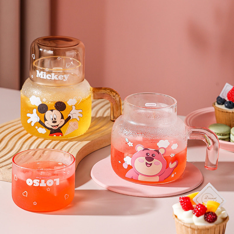Nuevo tipo de taza de agua con tapa de Disney, taza de agua de una persona, taza de agua de vidrio de alta capacidad, taza de té de flores, taza de agua de vidrio de alta silicona