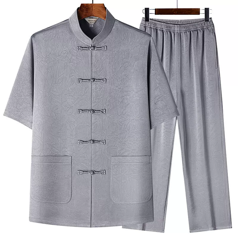 唐装男中老年爸爸装夏季短袖套装中国风中式盘扣爷爷装薄款香云纱