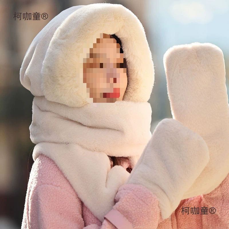 冬款防风保暖一体帽围巾加厚现货护耳毛条子手套防寒毛绒帽麦太保