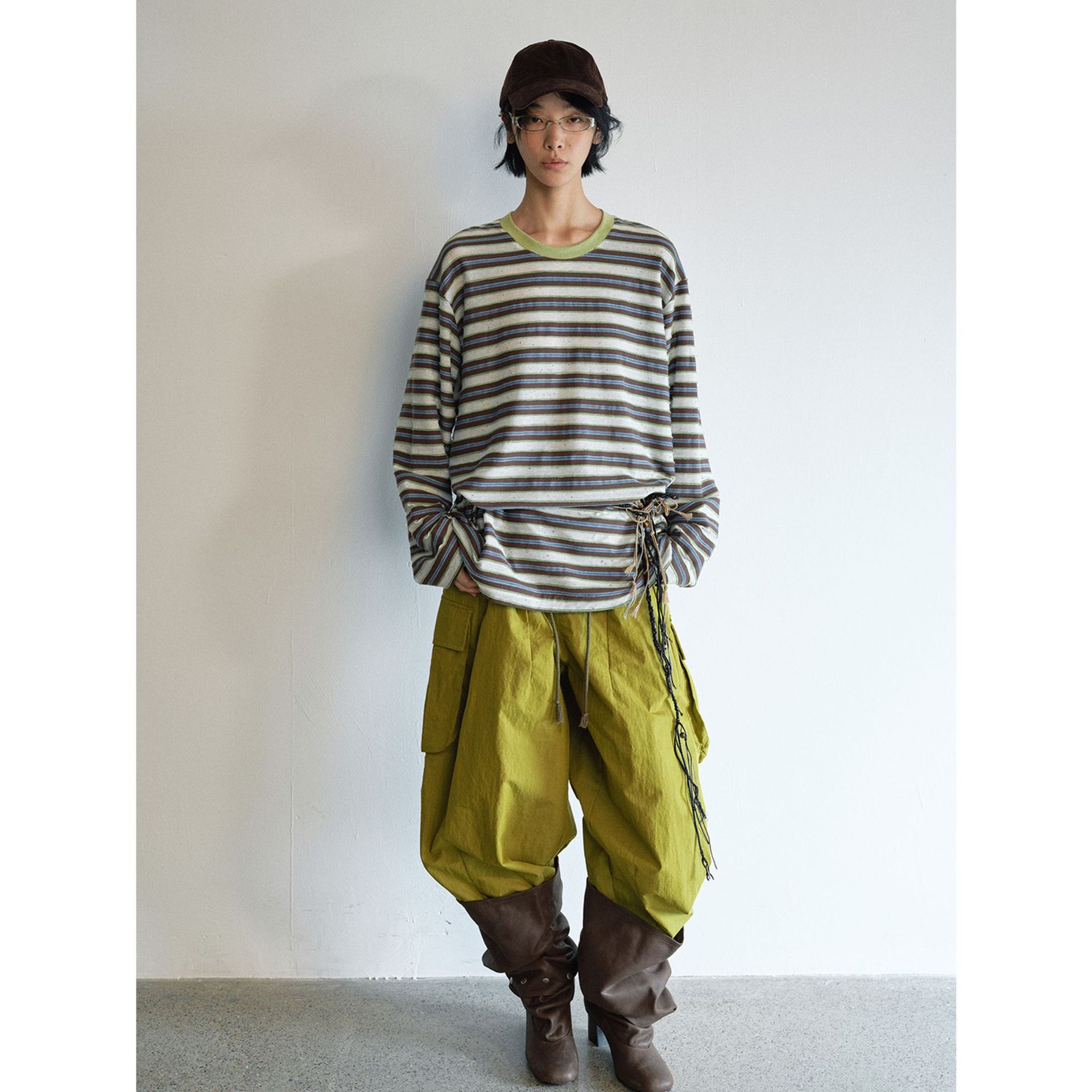 [识时]新品宽松舒适时髦复古条纹撞色休闲长袖圆领T恤上衣女V9134