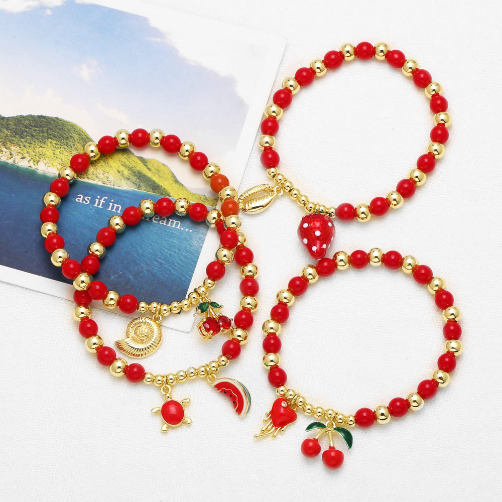 All Seasons Season Women's Gender Cute Classic Style Cherry Strawberry Watermelon Acrylic Copper Beaded Chain Beaded Bracelets Wholesale