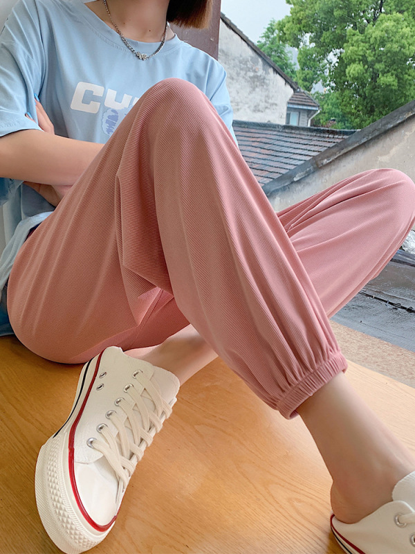女装大码休闲裤宽松夏季薄款冰丝阔腿裤垂感显瘦胖妹妹运动束脚裤|undefined