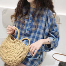 日韓雙層格子棉紗襯衫五分袖襯衣女夏季國風復古棉上衣跨境常規袖
