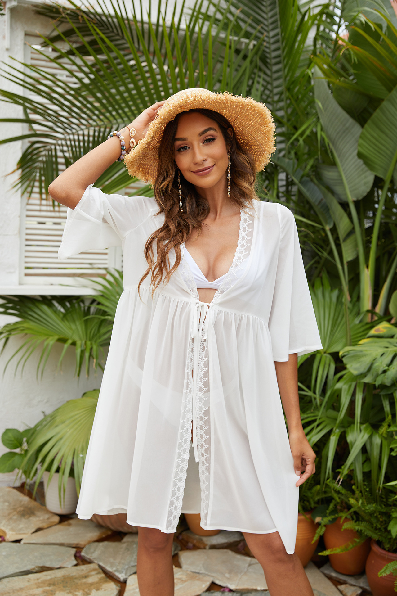 loose lace-up mid-length sleeve solid 