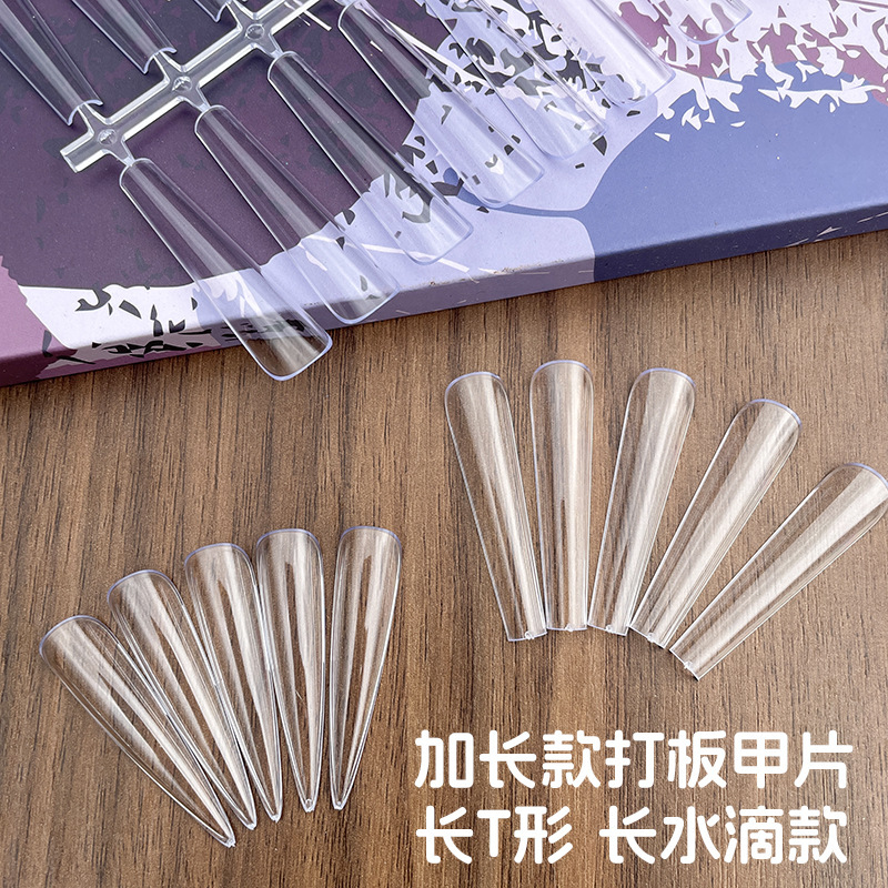New extended-length practice nail tips with high transparency, extended trapezoidal pointed art nail tips, and color chart nail tips