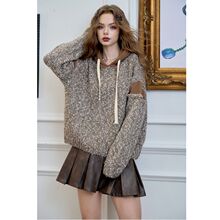 妖精的日韩撞色拼接连帽毛衣女2025冬新款小个子软糯宽松百搭上衣