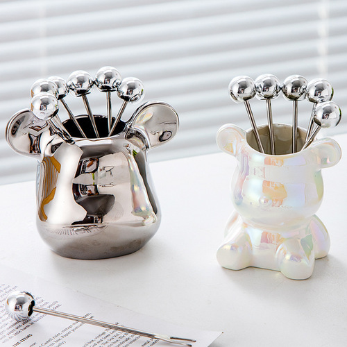 Ceramic fruit fork light luxury Nordic bear outfit stainless steel fruit fork storage tank high-looking violent bear fruit fork tank