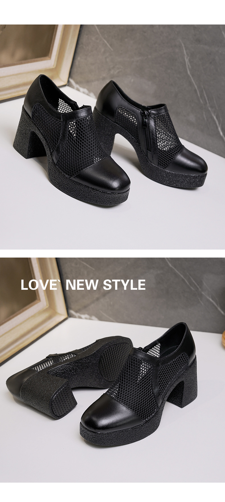 Giày sandal cao gót nữ da lưới mũi kín gót dày đế dày — đen chi tiết 13
