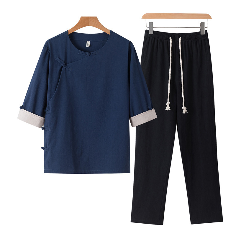 Summer New Chinese Style Retro Men's Suit Seven-point Sleeve Hanfu Suit Men's Ancient Cotton and Linen Buckle Two-piece Set Summer New Chinese Style Retro Men's Suit Seven-point Sleeve Hanfu Suit Men's Ancient Cotton and Linen Buckle Two-piece Set