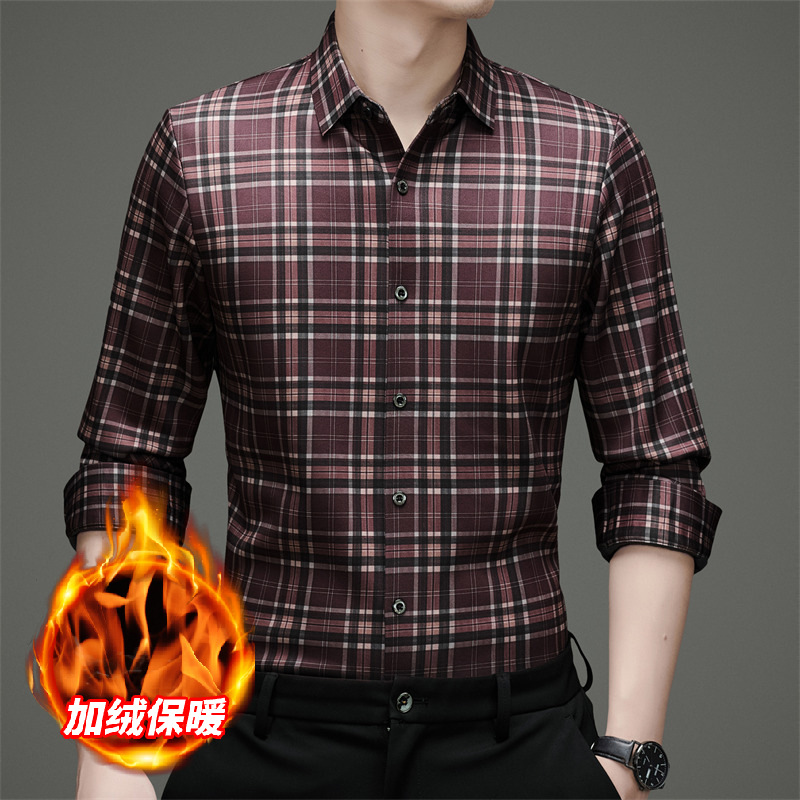 2025年新款秋冬季男士保暖衬衫加绒休闲男士格子长袖衬衫 代发
