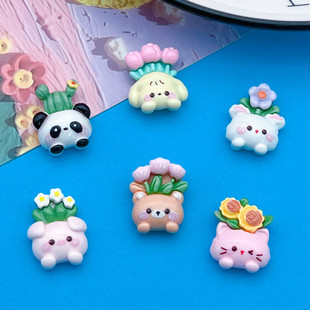 Colorful Cartoon Animals Bear Rabbit Cat Dog Sunflower Tulip Potted Hairpin DIY Resin Accessories