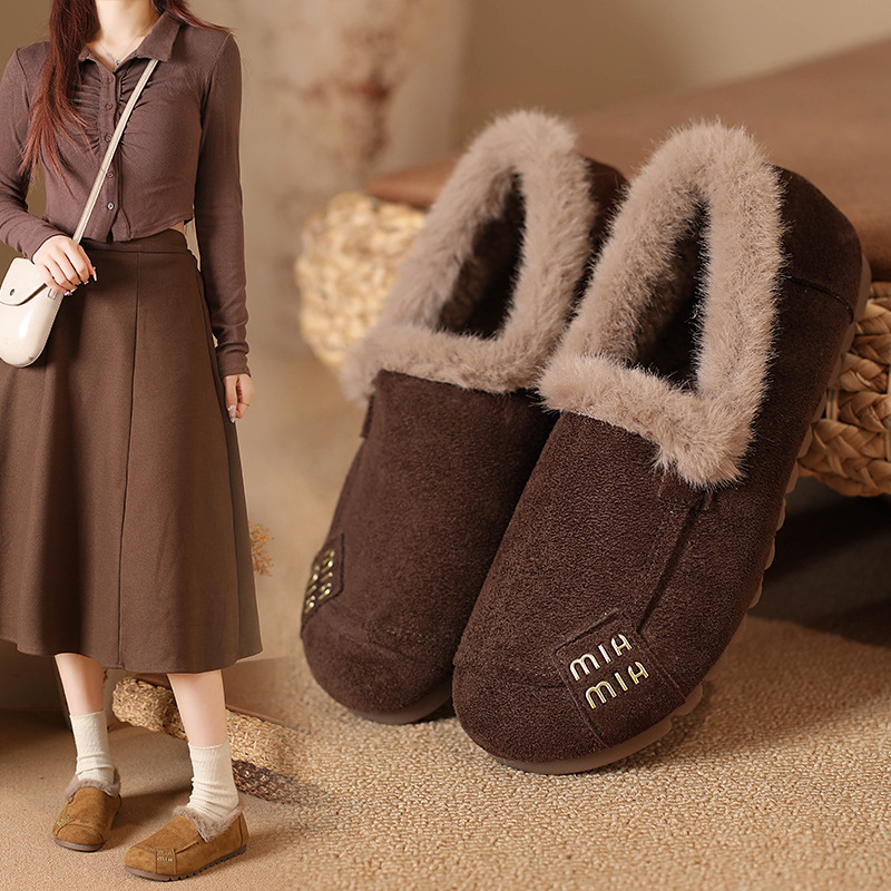 2025秋冬季新款复古平底浅口加绒保暖豆豆鞋一脚蹬软底勃肯棉鞋