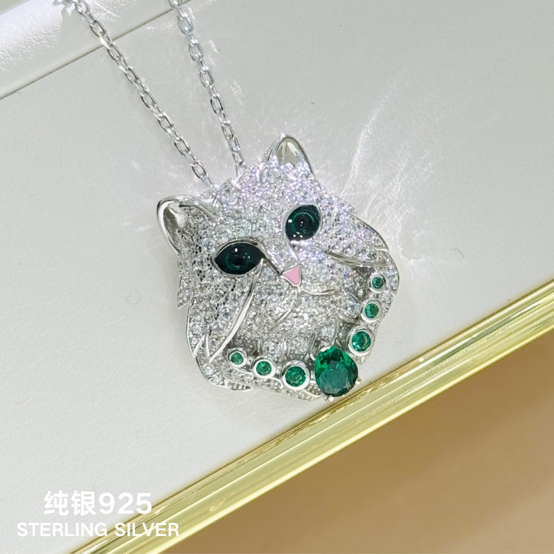 (2개) S925 고양이 목걸이 에메랄드 페르시아 고양이 높은 감각 고양이 머리 녹색 눈 고귀한 가스 올빼미 애완 동물 고양이