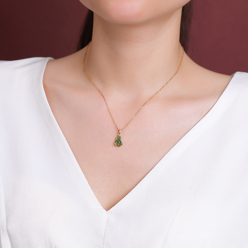Mặt dây chuyền bạc S925 mạ vàng đá Jasper hình lá tre nhỏ tinh tế — Mặt dây chuyền đơn (không bao gồm dây chuyền)