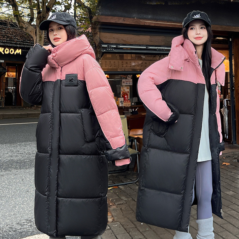 Gran tamaño largo sobre la rodilla ropa de moda de algodón de mujer coreana chaqueta de algodón de color contrastante ropa de algodón con capuchón suelta ropa de pan de mujer chaqueta