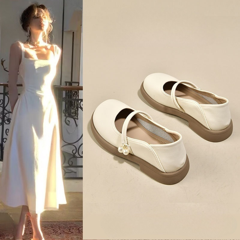 정품 가죽 메리 제인 신발 여성 플랫 신발 봄 2024 새로운 흰색 Lefu 신발 스커트 부드러운 작은 가죽 신발