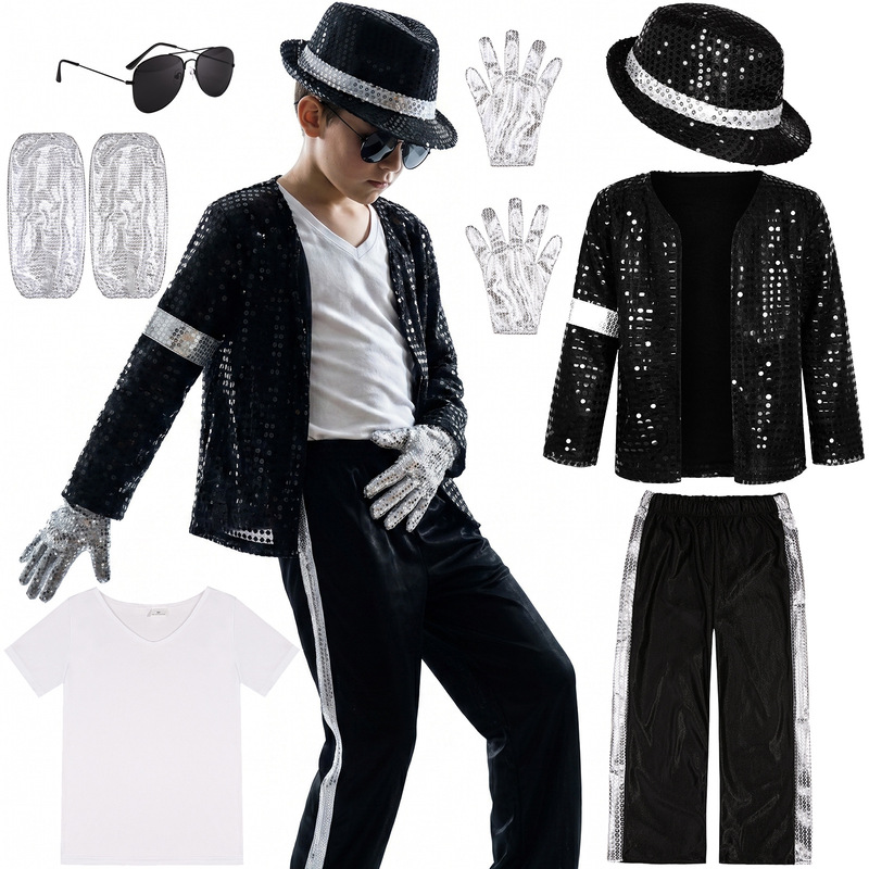Children's Michael Jackson Performance Costume Set Sequined Performance Costume Halloween Stage Costume for Boys Children's Michael Jackson Performance Costume Set Sequined Performance Costume Halloween Stage Costume for Boys