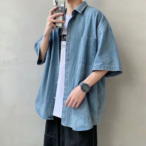 Men's Jeans Shirt, Korean Style, Fashion Summer Short Sleeve Jacket, Half Sleeve, Hong Kong Style, Bad Boy Chic, Workwear Compatible, Five-Finger Sleeve