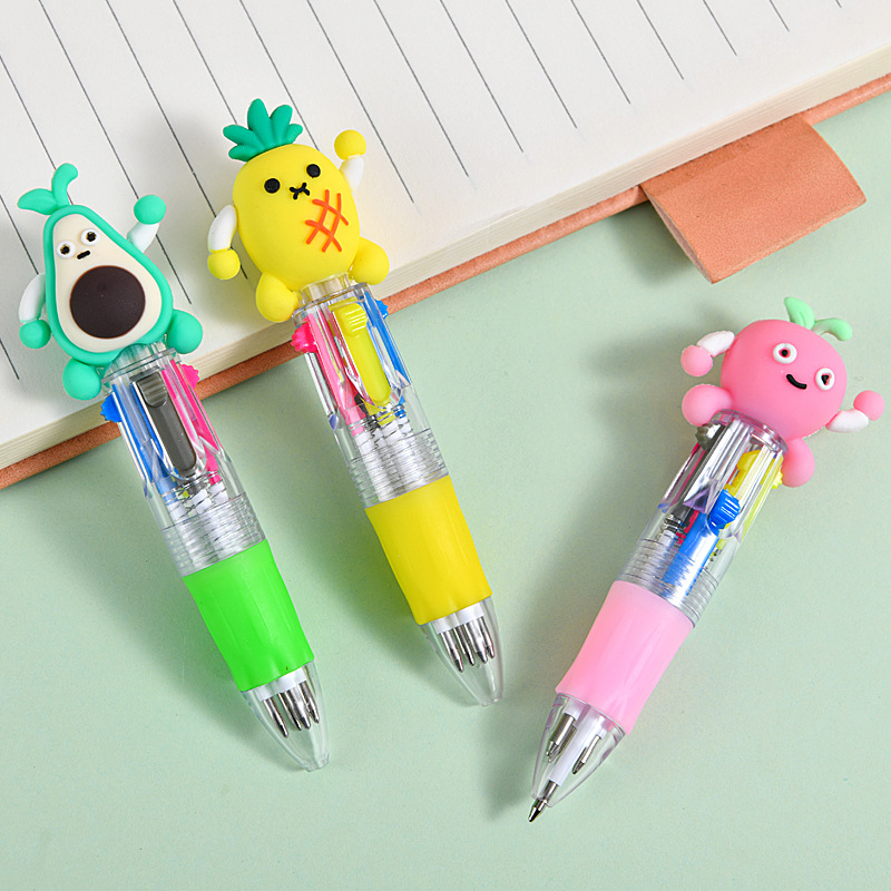 Caricatura de fruta encantadora mini bolígrafo de cuatro colores multicolor en uno bolígrafo de cuentas de mano de color para estudiantes premios papelería al por mayor