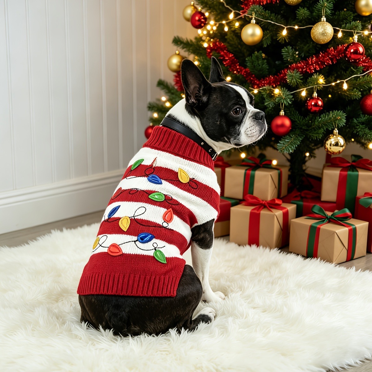 Herbst und Winter Haustierpullover Hund Weihnachtsbeleuchtung gestreifter Rollkragenpullover kleiner Hund warme Kleidung