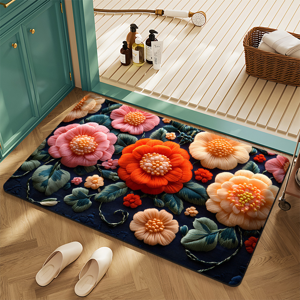 Cross-Border American Floral Crystal Velvet Floor Mats for Home Entrance, Stain-Resistant, Wear-Resistant and Easy-Care Floor Mats, Bathroom Non-Slip Floor Mats