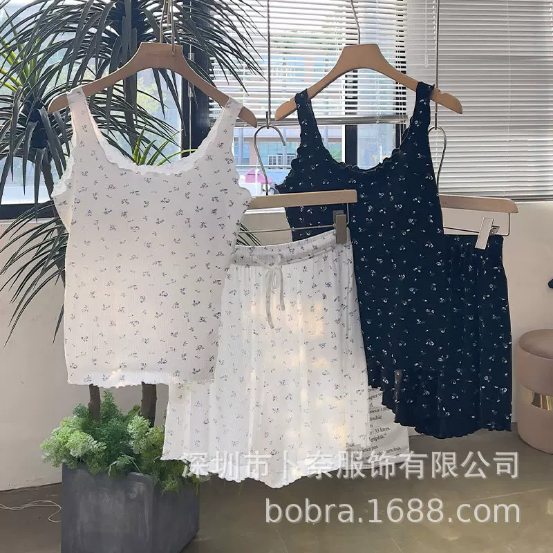夏季原创新品小碎花吊带短裤家居服睡衣两件套套装带胸垫可外穿