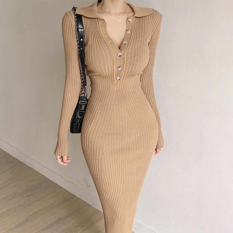 Autumn classic retro fitted solid long knitted dress