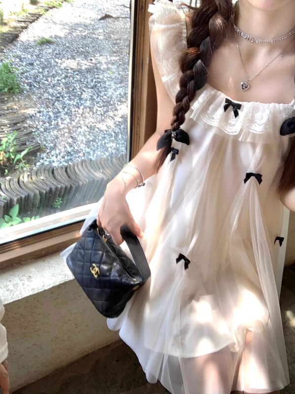 仙气薄纱公主娃娃裙小个子连衣裙法式甜美蝴蝶结飞飞袖设计感新款|undefined