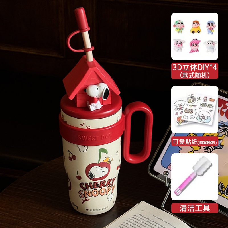 Vaso térmico Snoopy 316 acero inoxidable, mantiene frío y calor, con popote, ideal para deporte o exterior.