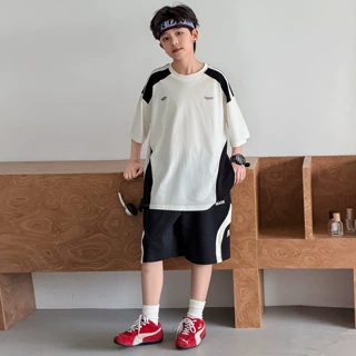 青少年男童夏装套装2026新款大儿童休闲装拼色运动短袖短裤两件套