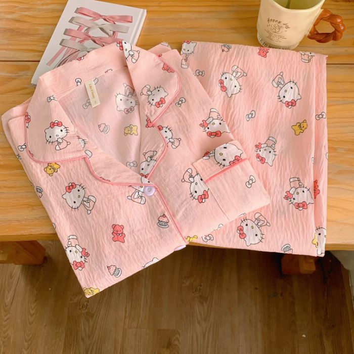 Nuevo conjunto de pijamas de algodón nublado transfronterizo de manga larga delgada primavera y otoño de mujeres lindos pantalones de dibujos animados dulces ropa para el hogar