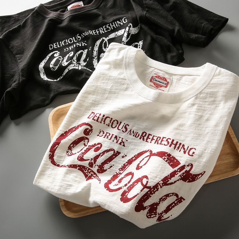 Summer New Heavy Slub Yarn Cotton American Style Vintage Casual Coke Printed Men's Round Neck All-match Short Sleeve T-shirt
