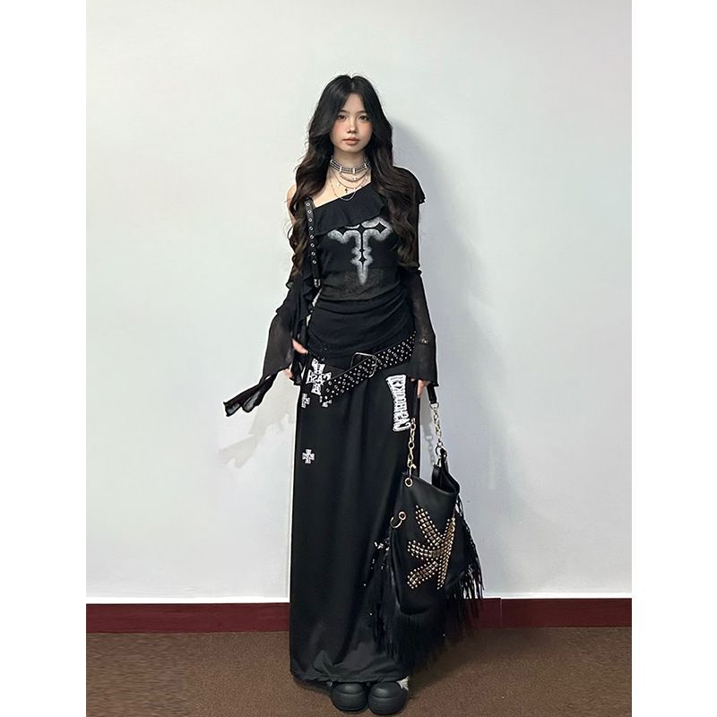 Diablo y2k off-shoulder sunscreen top for women 2025 summer new subculture retro cross long sleeve T-shirt