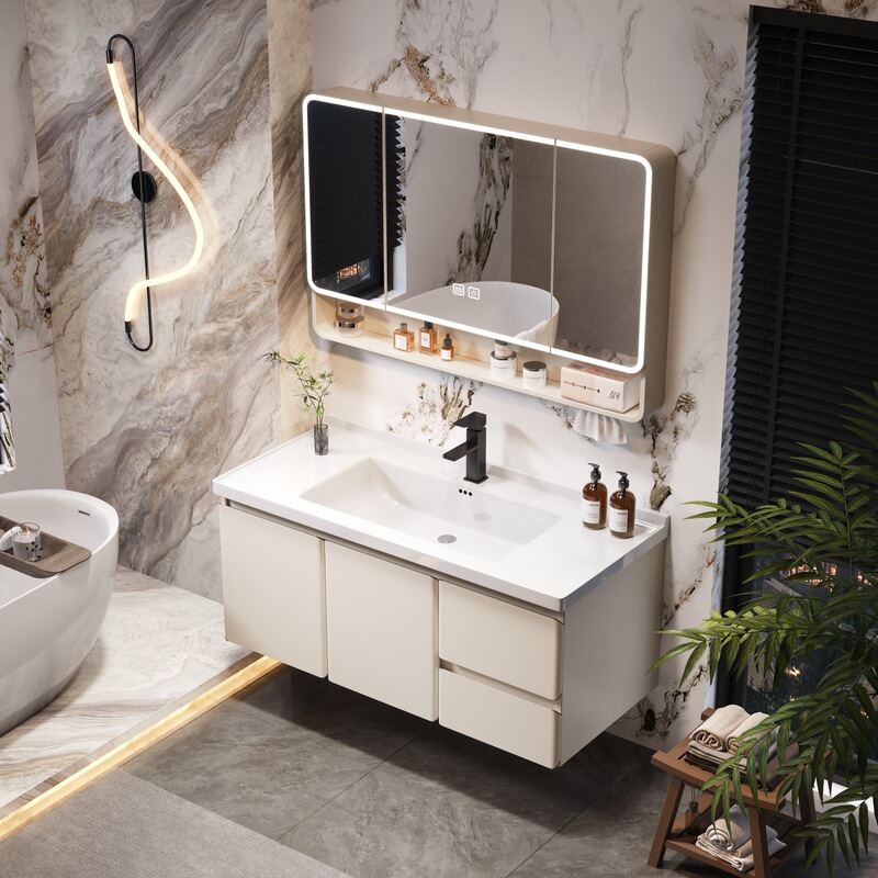 Stainless Steel Bathroom Cabinet with Double Drawers, Integrated Ceramic Basin, Bathroom Vanity Set, Smart Mirror Cabinet Stainless Steel Bathroom Cabinet with Double Drawers, Integrated Ceramic Basin, Bathroom Vanity Set, Smart Mirror Cabinet