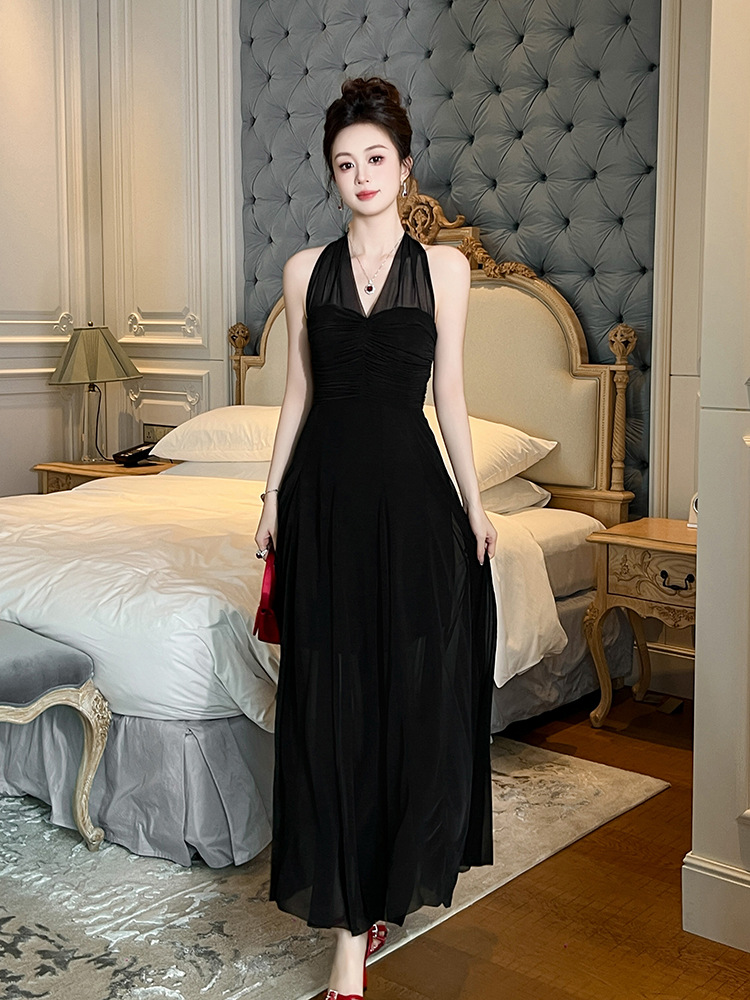Đầm maxi nữ cổ chữ V lưới voan phong cách Pháp gợi cảm — Màu đen