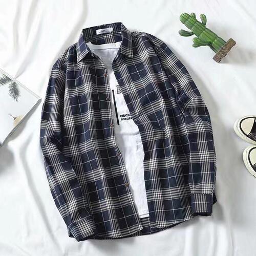 Men and Women Long Sleeve Couple Retro Checkered Four-Season Student Korean Style Trendy Versatile Shirt Blouse Loose Hong Kong Style
