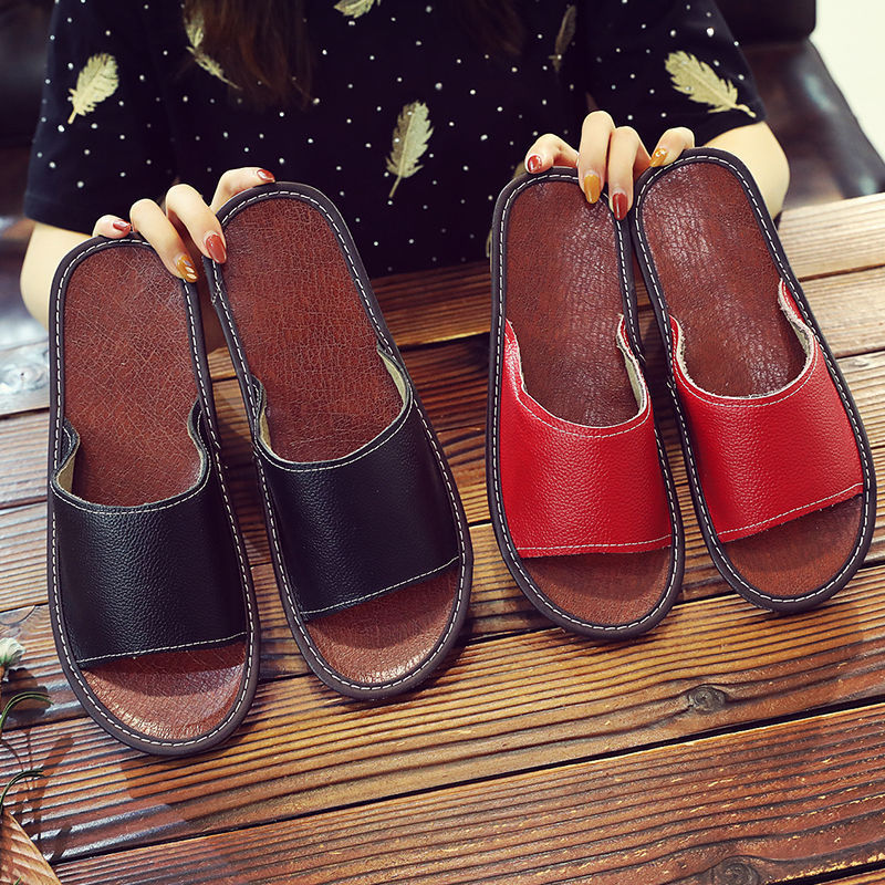 2025 Slippers Indoor Men's and Women's Haining Leather Shoes Home Summer Non-Slip Solid Bottom Couple Sandals Comfortable Slippers
