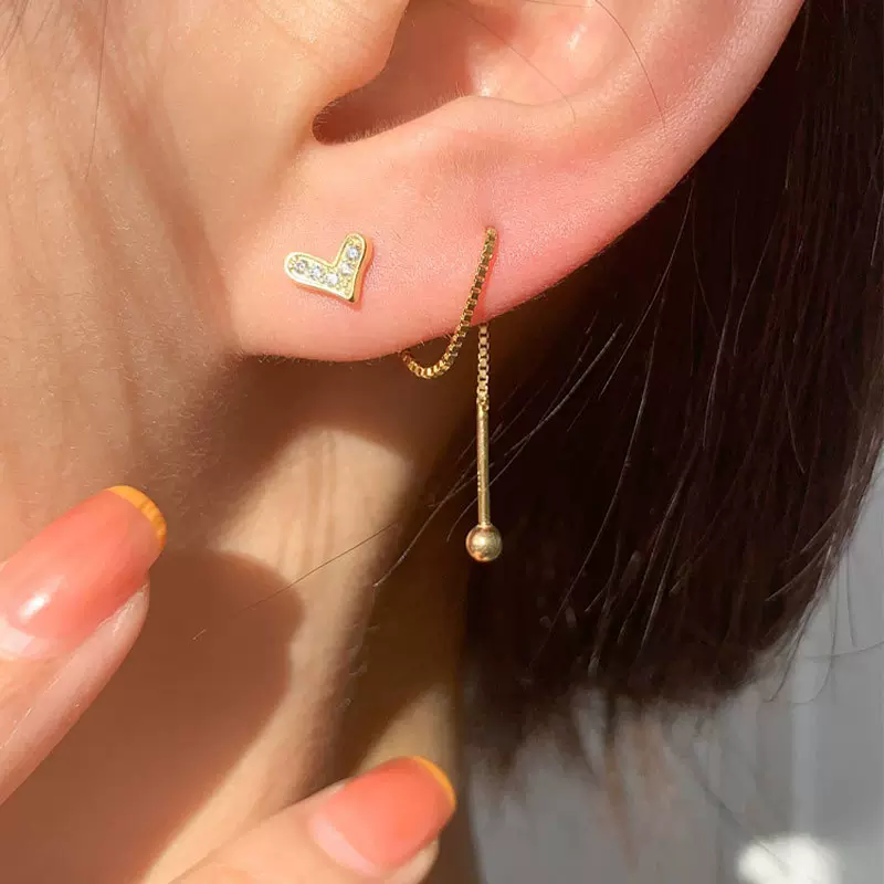 爱心螺丝耳钉耳线女纯银甜美气质小众高级感不对称耳饰时尚学生潮