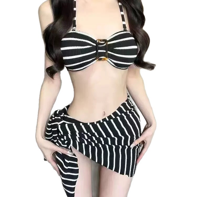 Retro-Streifen-Bikini-Set, 3-teilig mit Wickelrock, sexy hochgeschnittener Badeanzug für Damen, Vintage-inspiriert für Strand- und Poolurlaube_voghion.com