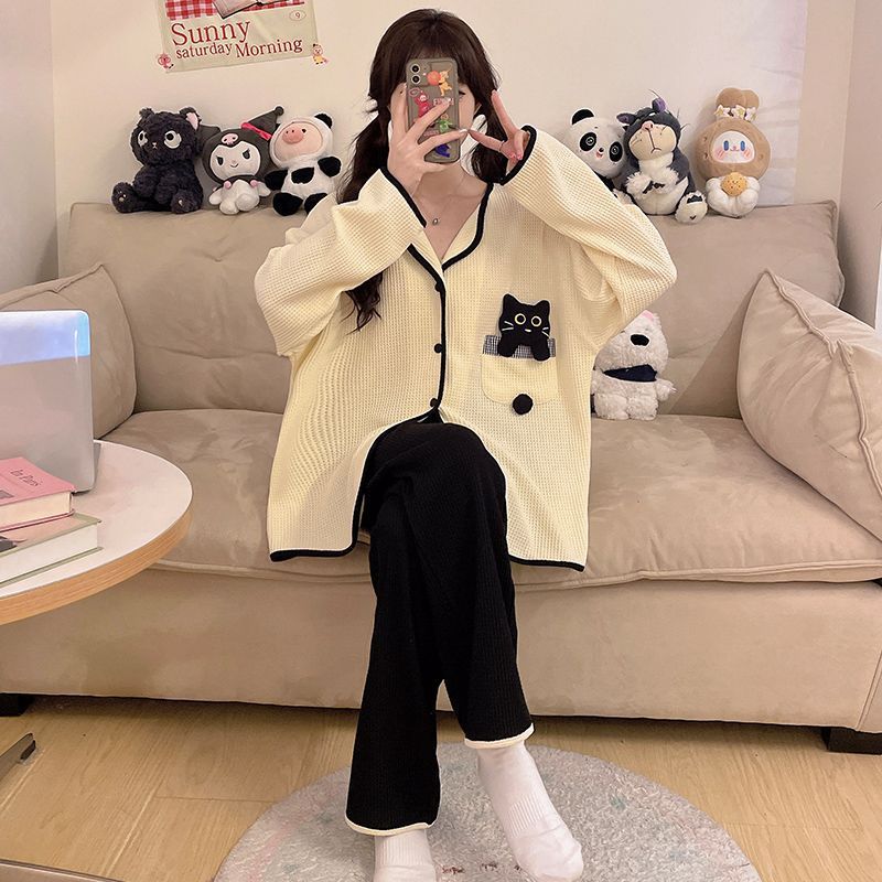 Transfronterizo al por mayor otoño y invierno de algodón waffle lindos cardigans pantalones de manga larga calentamiento ropa de hogar conjunto pijamas mujeres