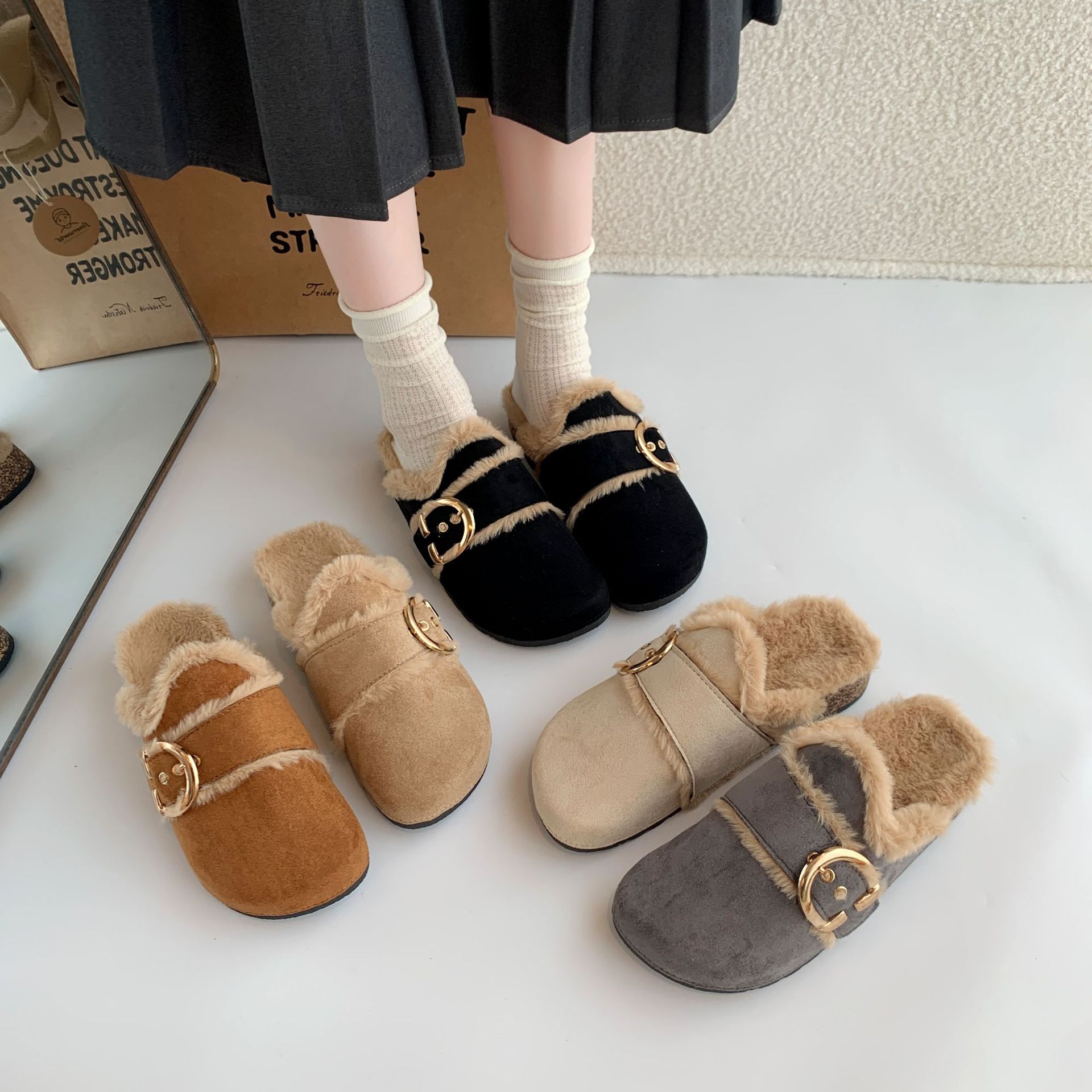 Birkenstock Slippers for Women 2026 Autumn and Winter New Thick-Soled Warm Fleece-Lined Slip-On Lazy Closed-Toe Half Slippers