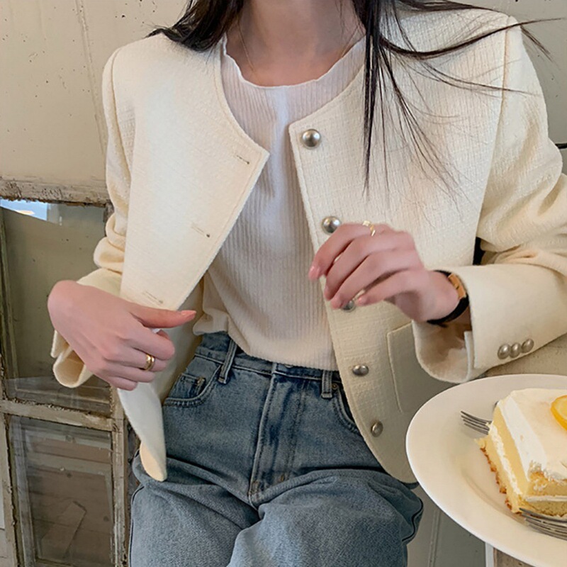 东大门ins秋装新品法式复古优雅气质别致金属银扣小香风短外套女|undefined