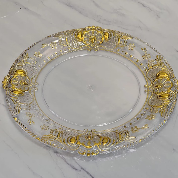 Cargador de plástico retro al por mayor decoración de fiesta de bodas 13 pulgadas oro plata borde cargador transparente