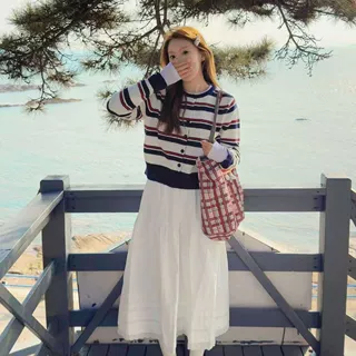 小清新撞色条纹毛衣外套女春季新款宽松洋气百搭圆领针织开衫上衣