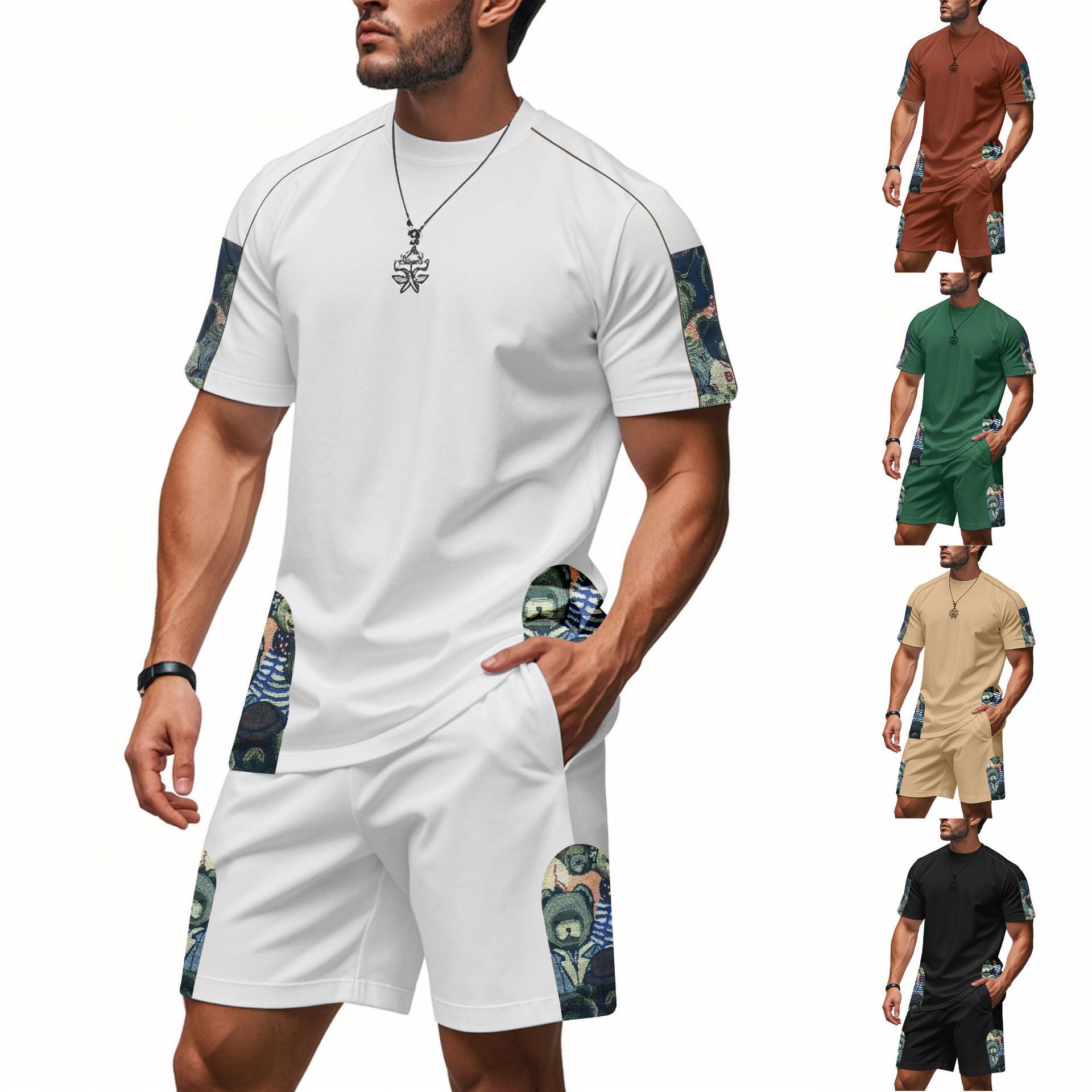 Men's Clothing Men's Trendy Sports Casual Hip Hop Round Neck Short Sleeve Bear Print Loose Fit Breathable Suit High Street Style_viptrois.com