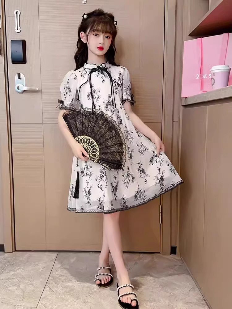Vestido de niña verano 2025 nuevo vestido de princesa para niños vestido de verano pintura de tinta de niña falda Hanfu de estilo nacional