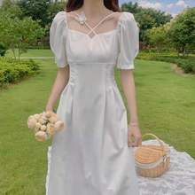 法式初恋白色裙子仙女超仙森系收腰显瘦方领长裙温柔气质连衣裙夏