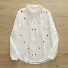 日系森女系 女秋季甜美刺绣双层棉纱宽松开衫衬衫长袖打底衫批发